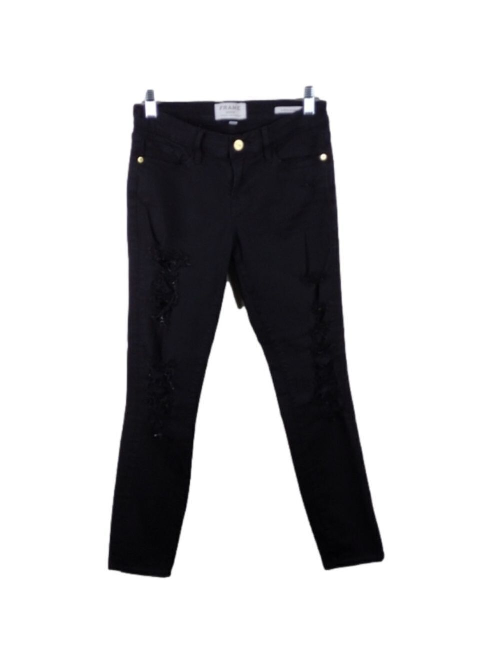Frame Denim Le Skinny de Jeanne Black Five Pocket Mid Rise Distressed Jeans